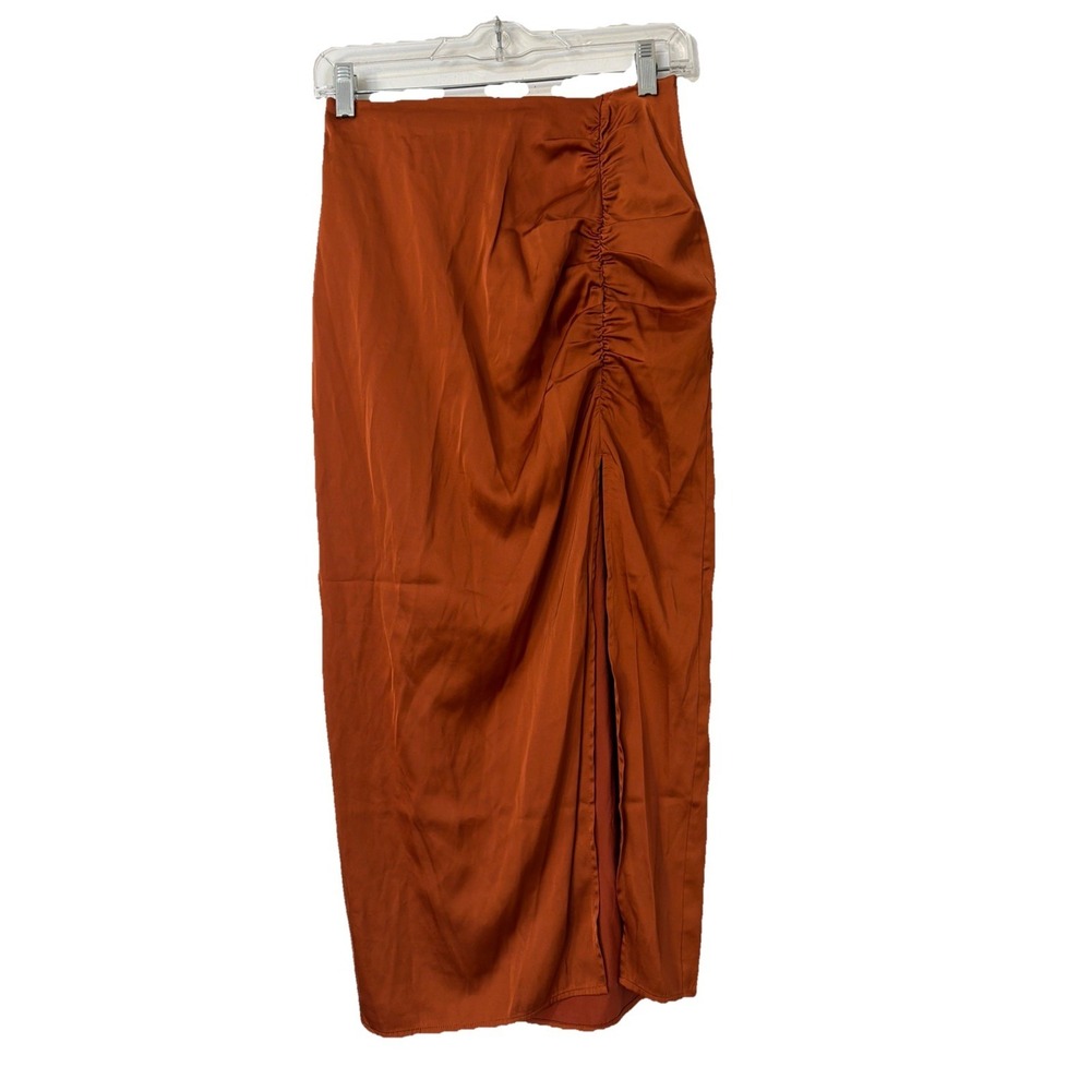Abercrombie & Fitch Satin Maxi Skirt SMALL Copper Front Slit Ruched Date NIght